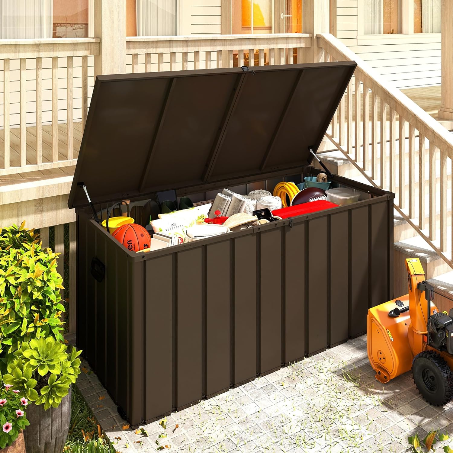 200 Gallon Metal Deck Box, Waterproof Outdoor Storage Box with Lockable Lid, Large Pool Storage Cabinet for Patio Furniture Garden Tools Pool-Supplies, Brown image 2