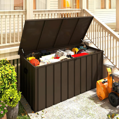 200 Gallon Metal Deck Box, Waterproof Outdoor Storage Box with Lockable Lid, Large Pool Storage Cabinet for Patio Furniture Garden Tools Pool-Supplies, Brown image 2