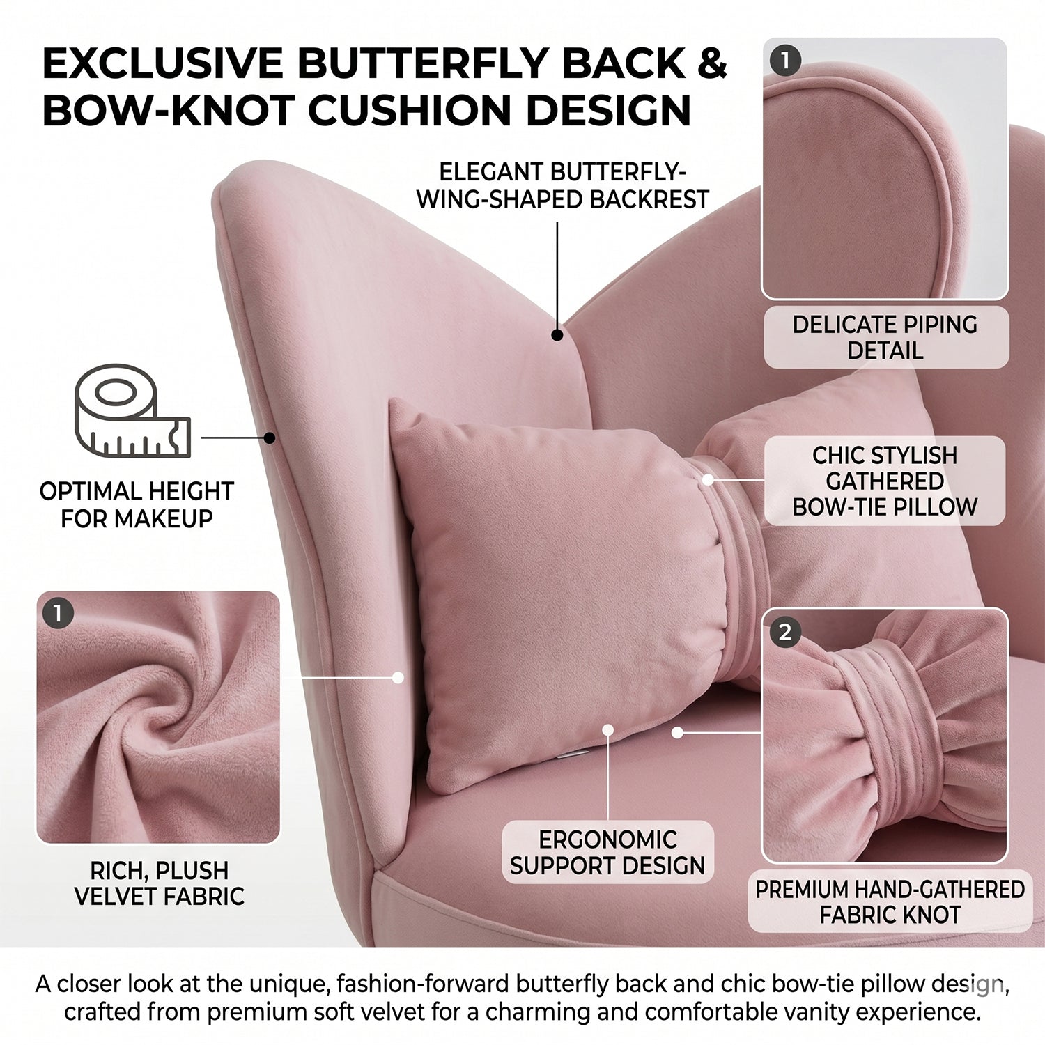 Vanity Chair with Butterfly Back,Swivel Accent Chair Dining Chairs,Makeup Stool for Bedroom Dressing Table,Suitable for Living Room,Dining Room,Study,Recreational Areas (PINK) image 7
