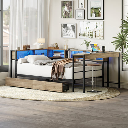 Corner Bed Frame Twin Size with Bookcase and 2 Underbed Storage Drawers, Modern Twin Bed with LED Light and Charging Station, Grey image 4