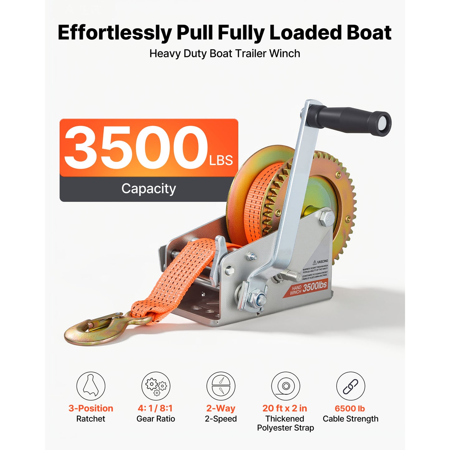Boat Winch, 3500 lbs Hand Winch, Heavy Duty Manual Rope Crank with 20ft Orange Polyester Strap, Portable Two-Way Ratchet, 2 Speed Switchable, Anti-Slip Handle Gear for Boat Trailer ATV Towing image 2
