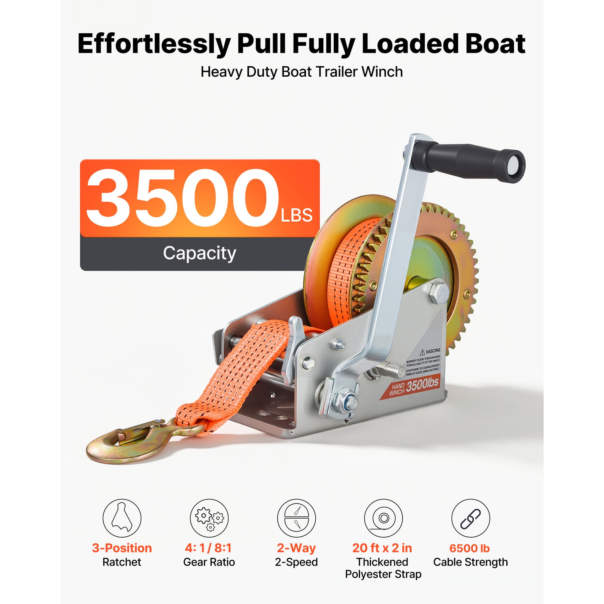 Boat Winch, 3500 lbs Hand Winch, Heavy Duty Manual Rope Crank with 20ft Orange Polyester Strap, Portable Two-Way Ratchet, 2 Speed Switchable, Anti-Slip Handle Gear for Boat Trailer ATV Towing image 2