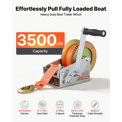 Boat Winch, 3500 lbs Hand Winch, Heavy Duty Manual Rope Crank with 20ft Orange Polyester Strap, Portable Two-Way Ratchet, 2 Speed Switchable, Anti-Slip Handle Gear for Boat Trailer ATV Towing image 2