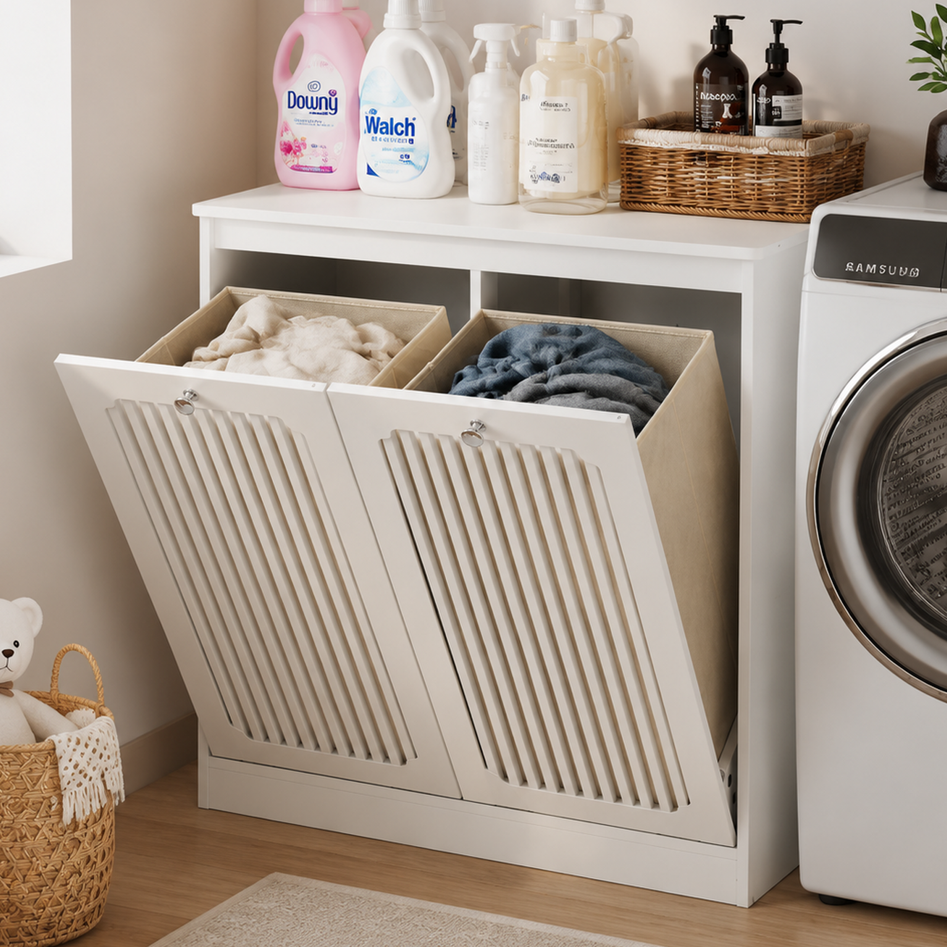 Flip-top louvered laundry basket cabinet, household double-section fabric laundry storage cabinet, balcony and bathroom floor-standing storage cabinet, white. image 1