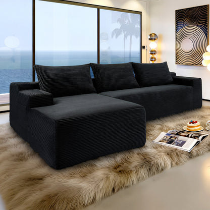 NEW2-96.9" Cloud Sectional Couch with L-Shape Chaise,Modern Modular Sofa with Deep Seat, Upholstered Couches for Living Room Bedroom,No Assembly Required, (Corduroy Fabric),Black image 2