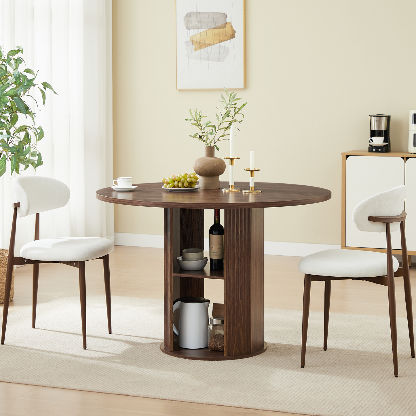 47.24" Round Dining Table (Serves 2–4) with Two Dining Chairs Blends modern and farmhouse styles, featuring a double-tiered storage shelf, suitable for dining rooms or living spaces.Walnut image 4