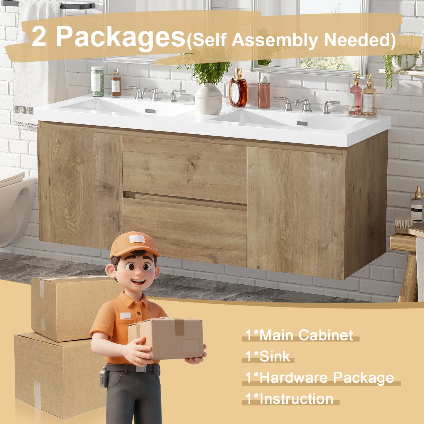 [Video]59.3 Inch Double Sink Bathroom Vanity with SMC Top, MDF Cabinet, Soft Close Doors, Divided Drawers, Wall-Mounted Modern Storage Vanity for Large Bathrooms image 10