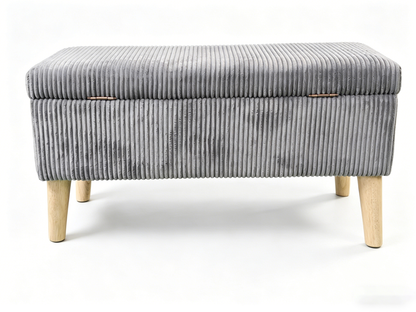 32 inch Wide Olive Grey Corduroy Storage Ottoman Bench with Wooden Legs, Flip-Top Storage Box, Soft Upholstered End of Bed Bench, Footrest & Shoe Bench for Bedroom, Living Room, Entryway image 11