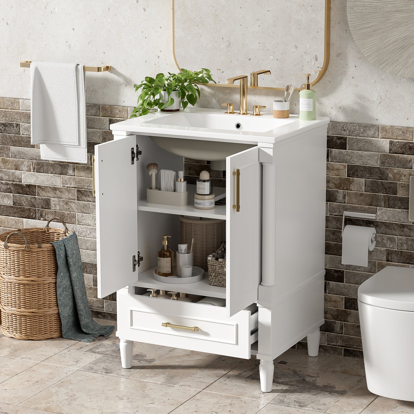 24" Modern Bathroom Vanity with Ornate Motif Design & Soft-Close Hinges, Bathroom Cabinet with Drawer and Back Open Structure, Ornately Carved French Cylinder Legs image 2