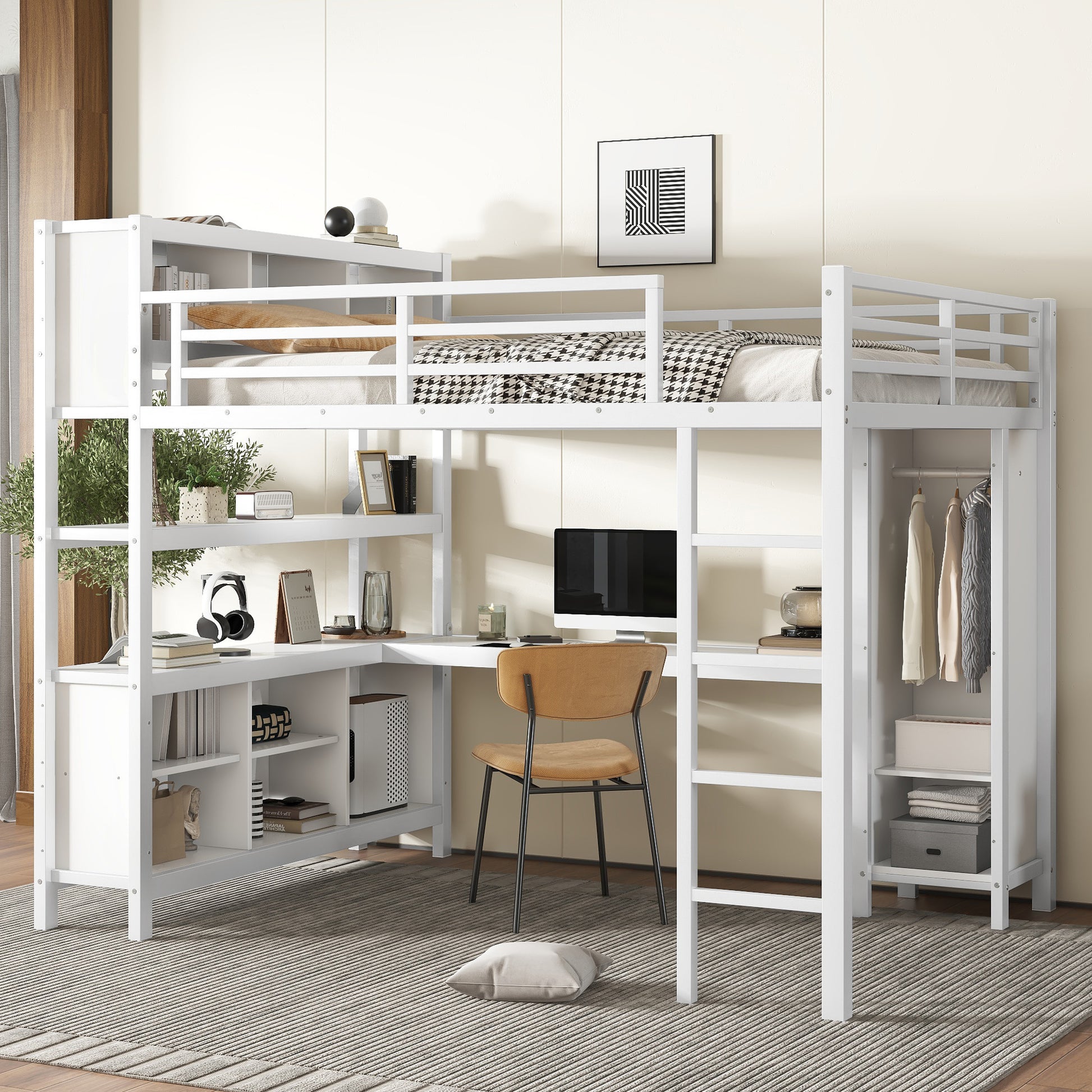 Metal Loft Bed with Wardrobe And L-shaped Desk, Queen Size Loft Bed with Storage Cubes and Shelves, Heavy Duty Loft Bed for Kids Teens Adults, White image 1