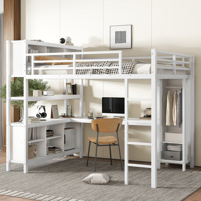 Metal Loft Bed with Wardrobe And L-shaped Desk, Queen Size Loft Bed with Storage Cubes and Shelves, Heavy Duty Loft Bed for Kids Teens Adults, White image 1