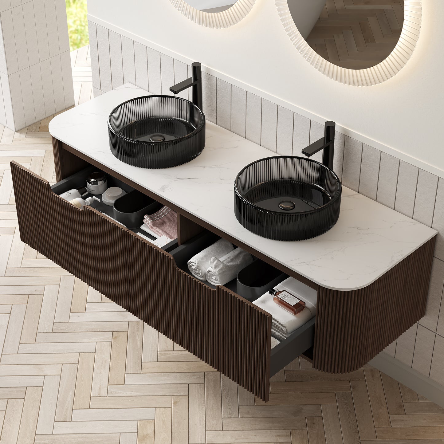 DINA 60" Bathroom Vanity&Sinks, Floating Curved Edges Striped Storage Cabinet with 2 Drawers, 2 Transparent Black Round Glass Basins&Carrara White Sintered Top, Pre-assembled, Dark Walnut Woodgrain image 2