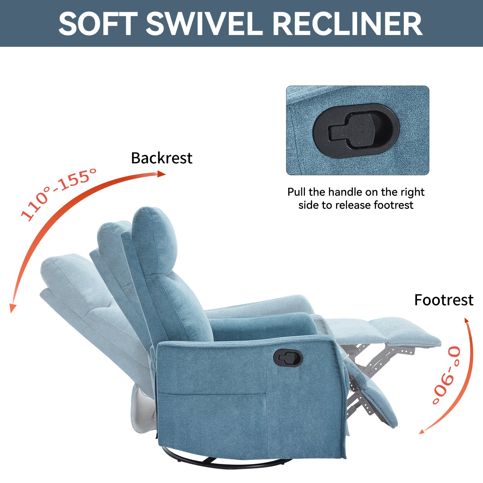 Heat Massage Manual Recliner Chair with Rocker and Swivel in Fabric for Living Room, Blue image 7