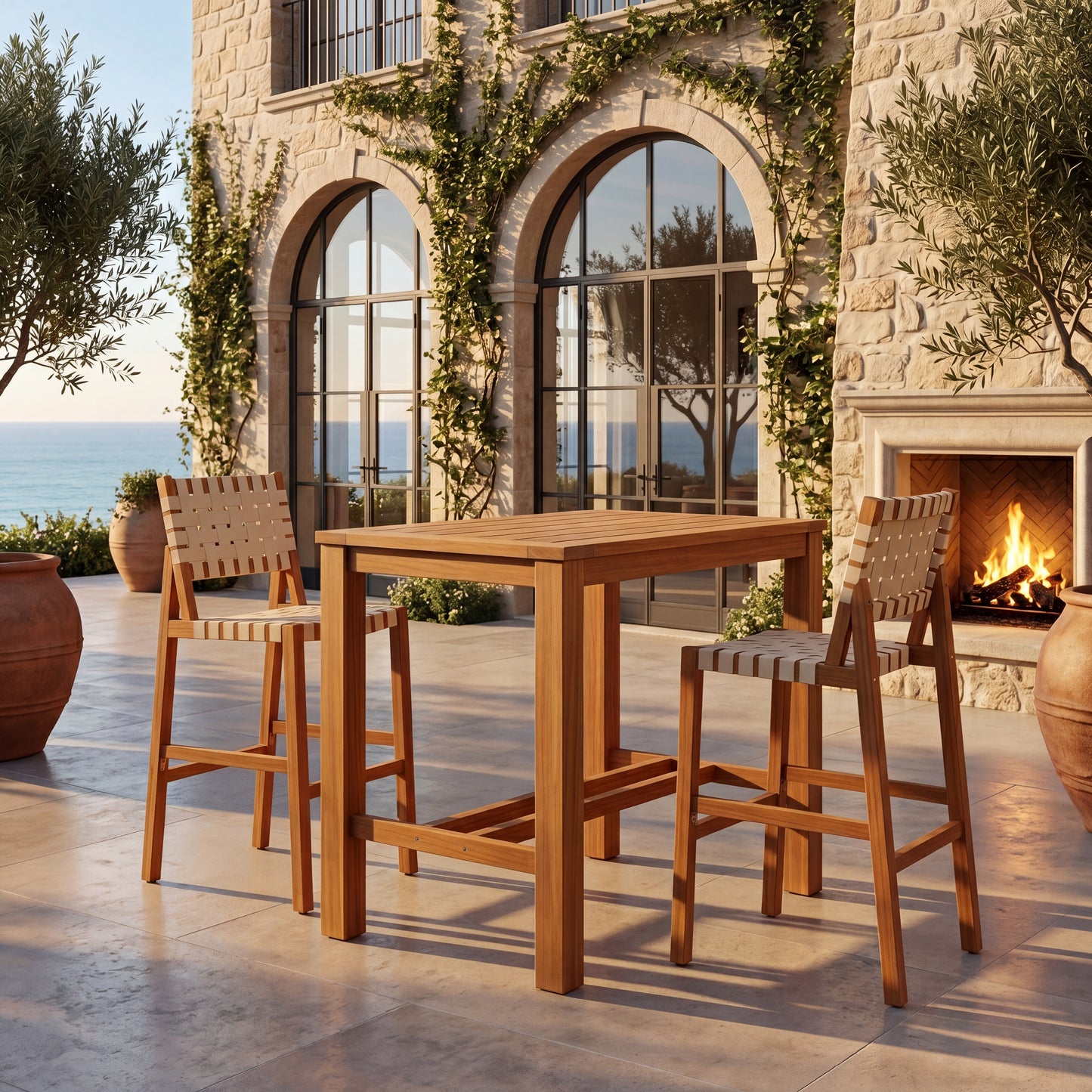 30.5 Inch Seat Height Outdoor Acacia Solid Wood Patio Side Chair, Beige Pe Woven Rope, Breathable and Comfortable,Indoor & Outdoor Use,Teak Finish+Beige Rope(set of 2) image 2