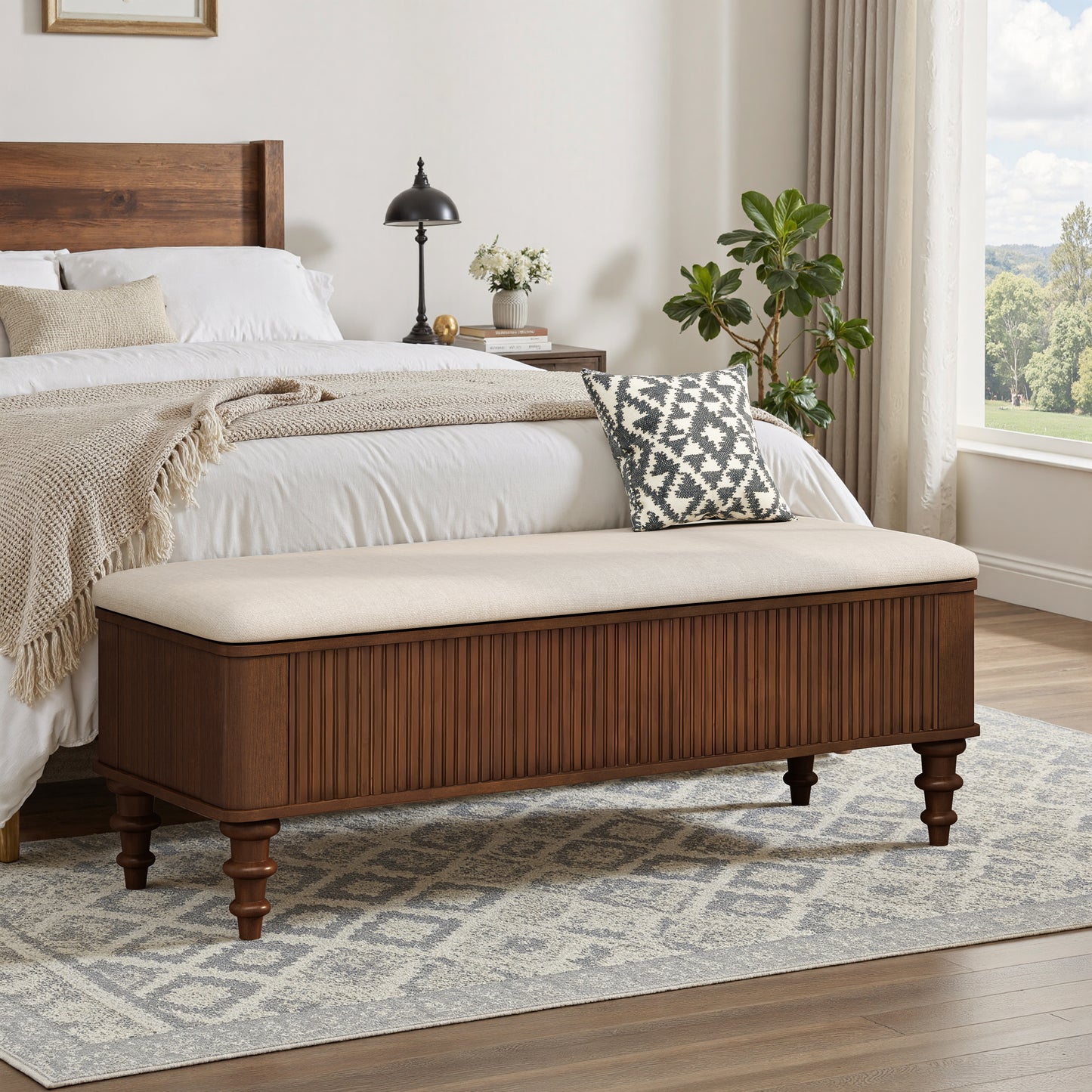 50.8-inch Multi-Functional Storage Ottoman Bench-Solid Rubberwood Bed End Bench with Linen Seat, Storage Bench for Bedroom, Entryway Shoe Organizer for Bedroom, Living Room, Entryway, Closet, Walnut image 1
