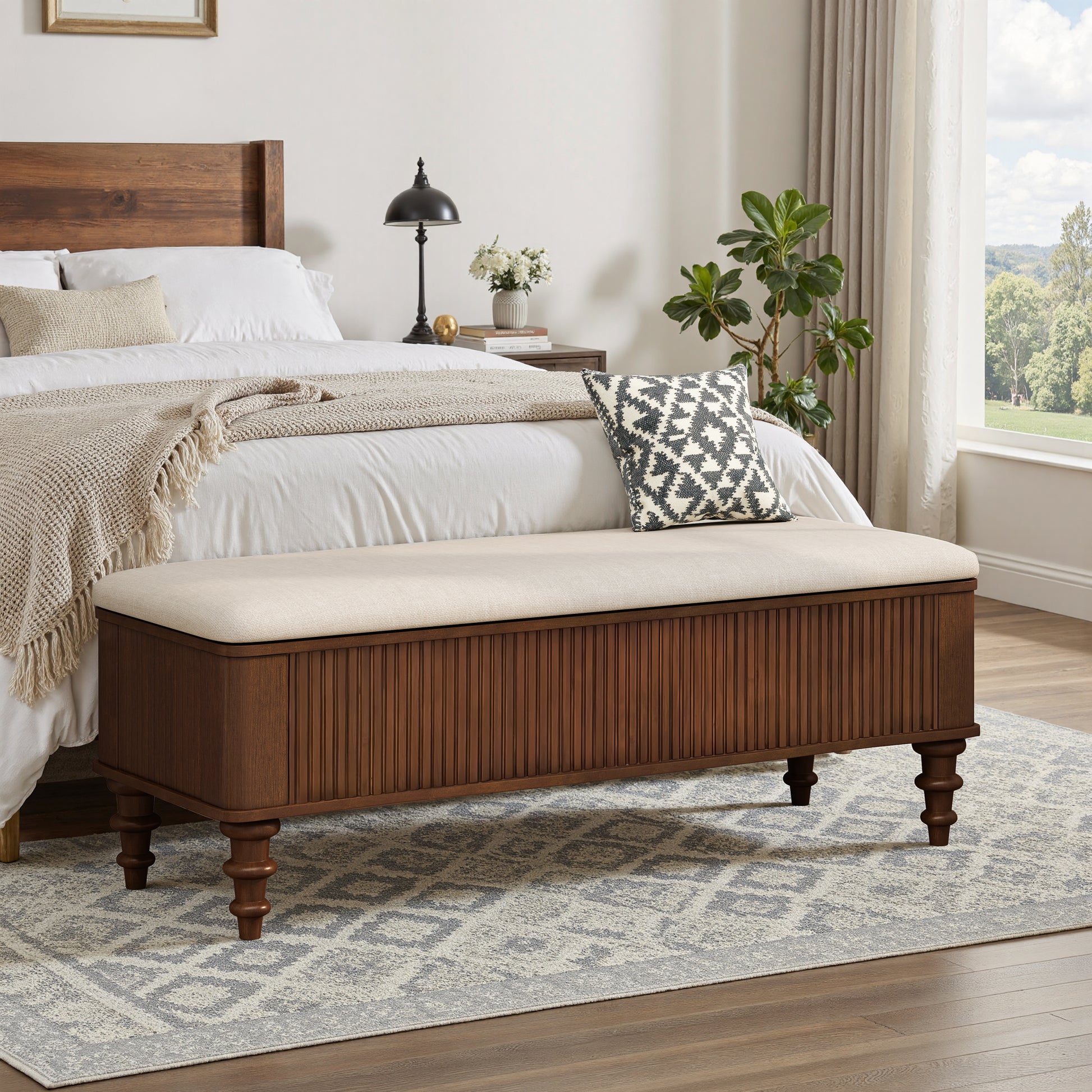 50.8-inch Multi-Functional Storage Ottoman Bench-Solid Rubberwood Bed End Bench with Linen Seat, Storage Bench for Bedroom, Entryway Shoe Organizer for Bedroom, Living Room, Entryway, Closet, Walnut image 1