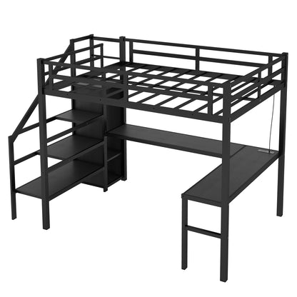 Twin XL Size Loft Bed with L-shaped Desk and USB, Metal Loft Bed with Wardrobe and Adjustable Shelf, High Loft Bed with LED for Kids Teens Adults, Black image 10