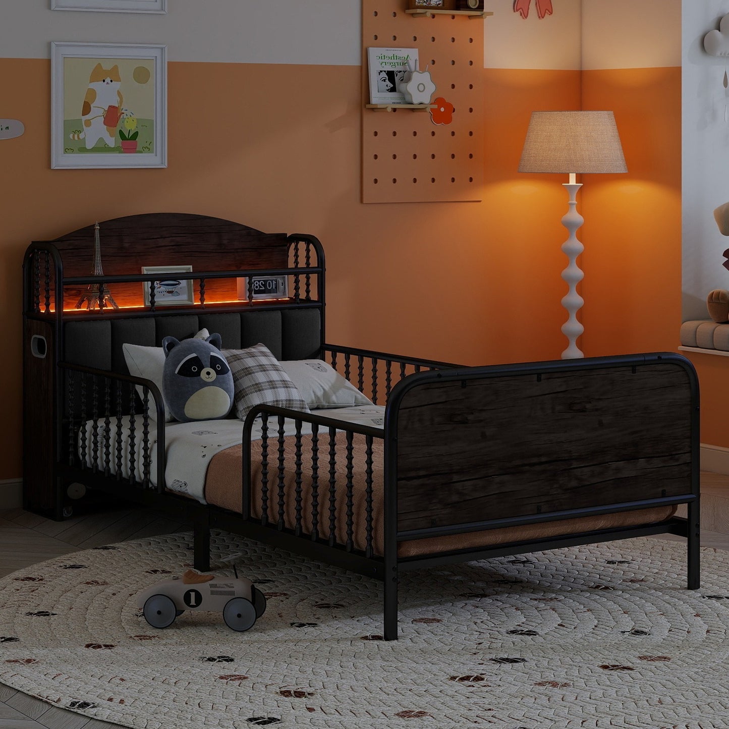 Twin Size Metal Platform Bed Frame with Light, Kids Twin Metal Bed with Upholstered and Pull Out Storage Shelves, Black (Expect Arrival Date 2025/10/5) image 6