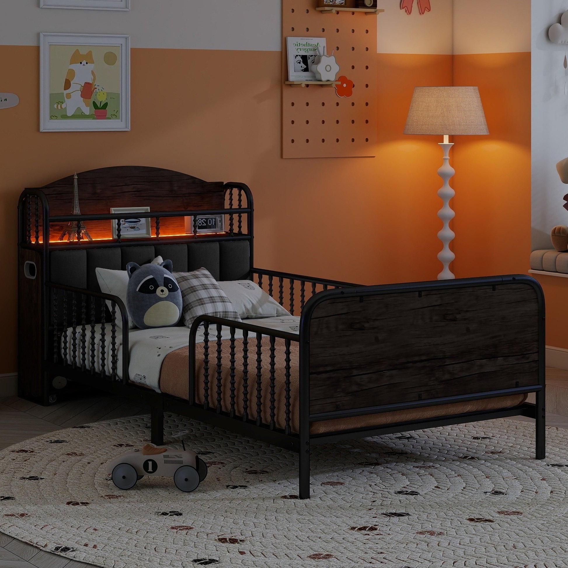 Twin Size Metal Platform Bed Frame with Light, Kids Twin Metal Bed with Upholstered and Pull Out Storage Shelves, Black (Expect Arrival Date 2025/10/5) image 6