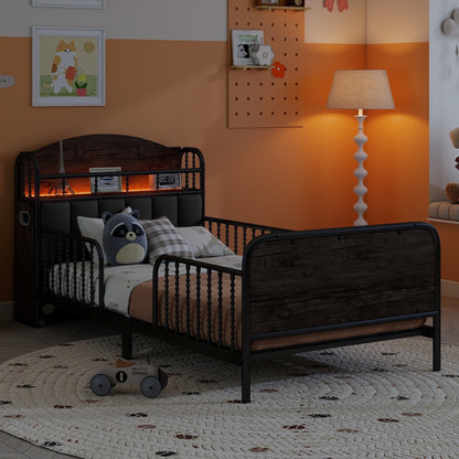Twin Size Metal Platform Bed Frame with Light, Kids Twin Metal Bed with Upholstered and Pull Out Storage Shelves, Black (Expect Arrival Date 2025/10/5) image 6