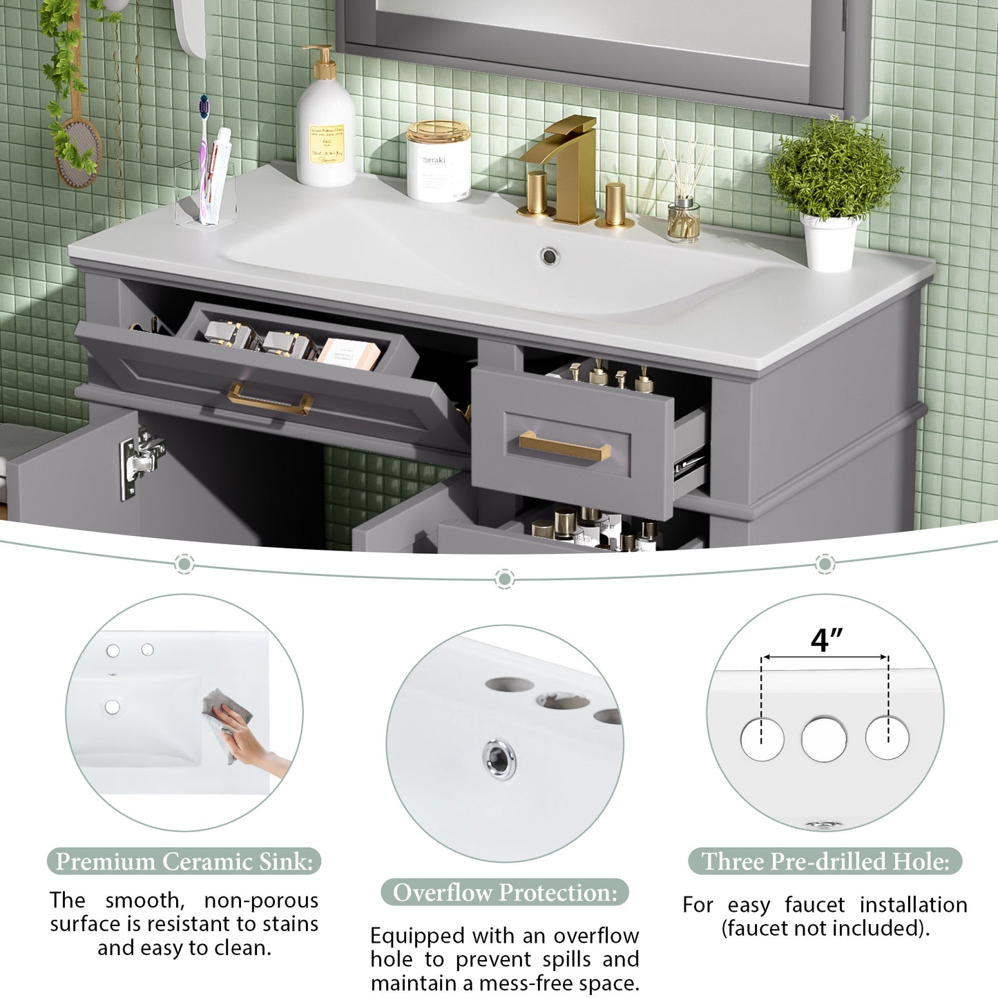 36" Gray Modern Bathroom Vanity with Ceramic Sink, Soft-Close Door, and 4 Storage Drawers,offering a refined look with practical everyday functionality.(Old SKU:N729P253935E) image 6