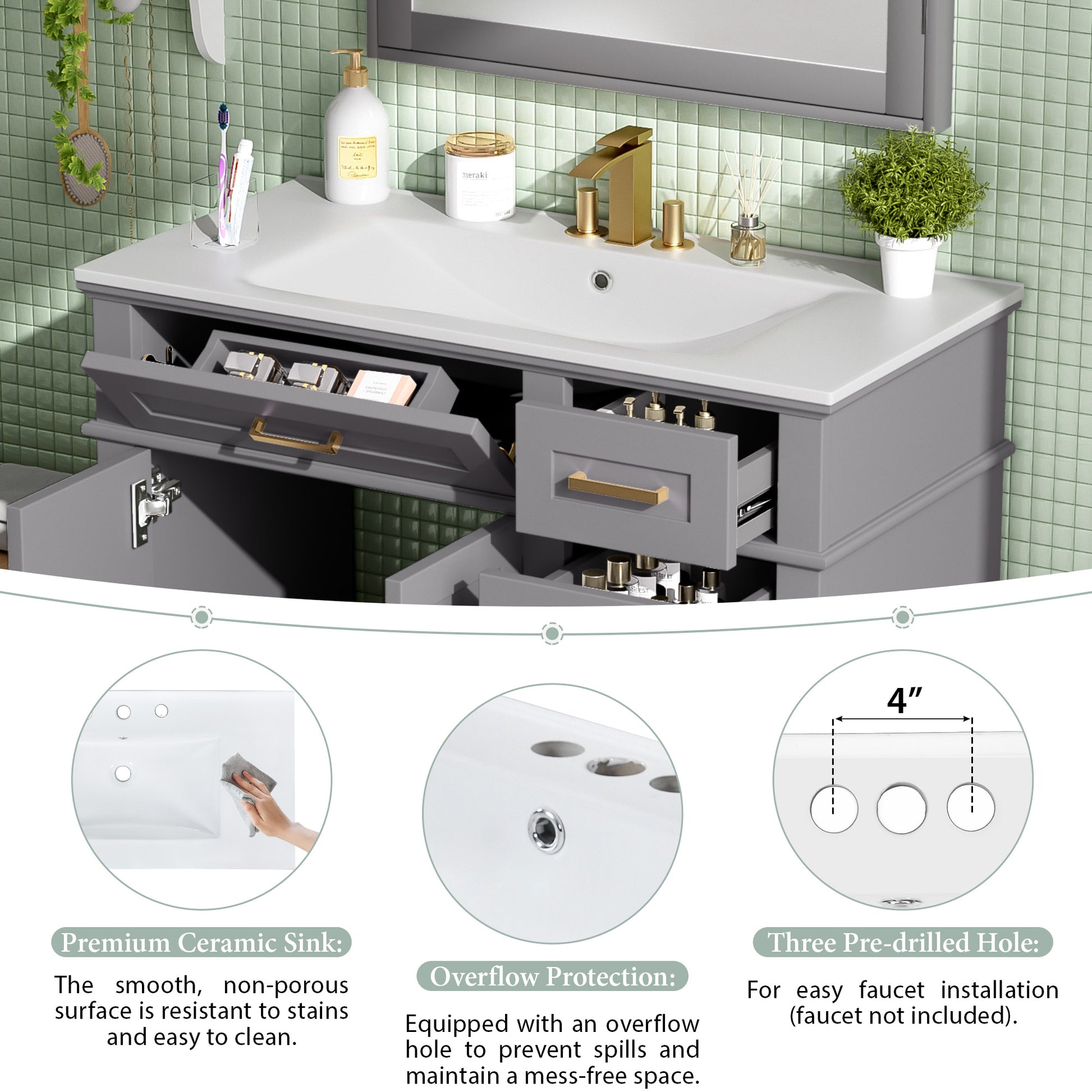 36" Gray Modern Bathroom Vanity with Ceramic Sink, Soft-Close Door, and 4 Storage Drawers,offering a refined look with practical everyday functionality.(Old SKU:N729P253935E) image 6