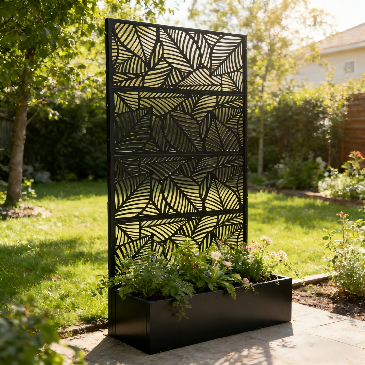 70.87" H × 46.06" W Leaf Pattern Privacy Screen with Planter Box, Black Metal Freestanding Decorative Fence Planter for Patio Balcony Backyard image 2