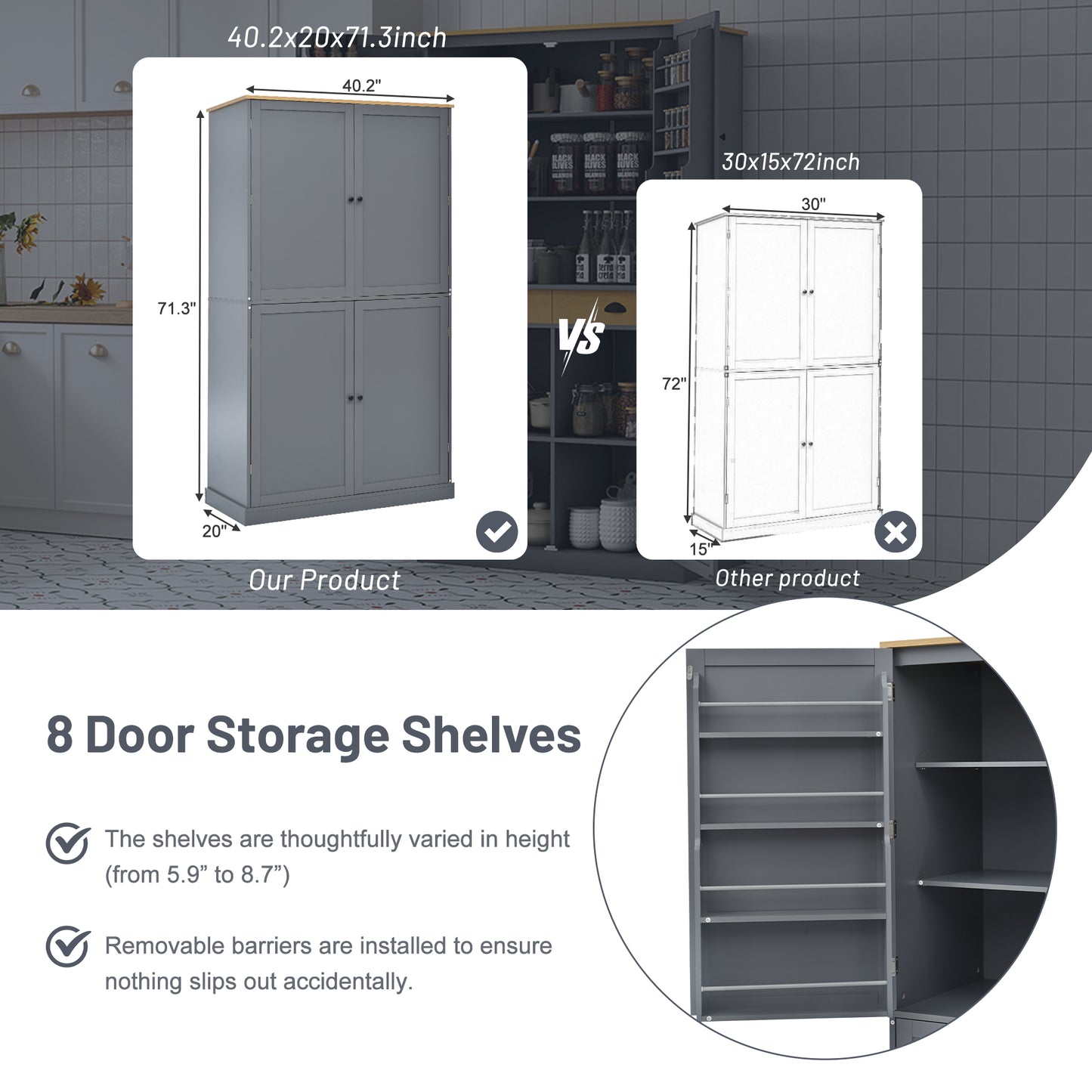 [Assembly Video Provided]TOPMAX 40.2x20x71.3inch High Freestanding Kitchen Pantry Large Cupboard Storage Cabinet with 2 Drawers, 2 Adjustable Shelves, 8 Door Shelves for Kitchen, Dining Room,Gray image 5
