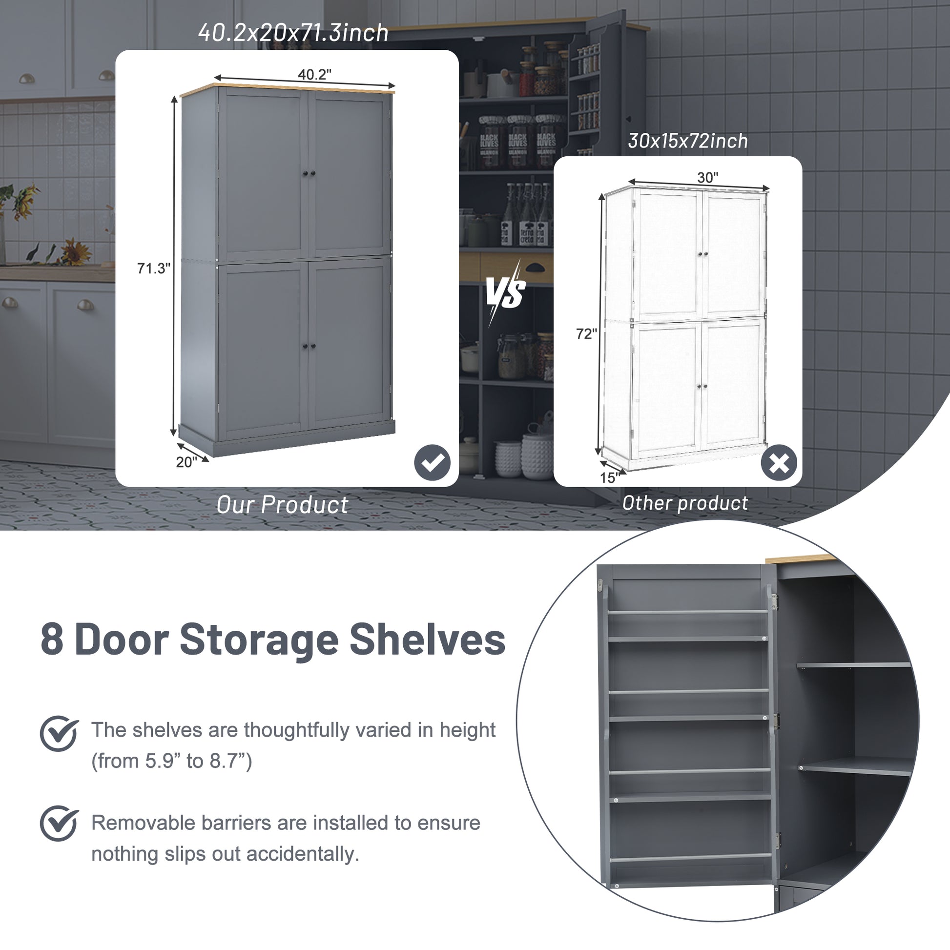 [Assembly Video Provided]TOPMAX 40.2x20x71.3inch High Freestanding Kitchen Pantry Large Cupboard Storage Cabinet with 2 Drawers, 2 Adjustable Shelves, 8 Door Shelves for Kitchen, Dining Room,Gray image 5