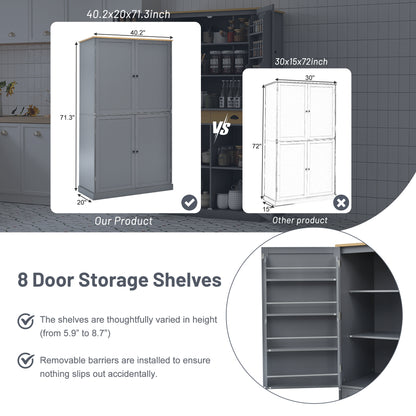 [Assembly Video Provided]TOPMAX 40.2x20x71.3inch High Freestanding Kitchen Pantry Large Cupboard Storage Cabinet with 2 Drawers, 2 Adjustable Shelves, 8 Door Shelves for Kitchen, Dining Room,Gray image 5