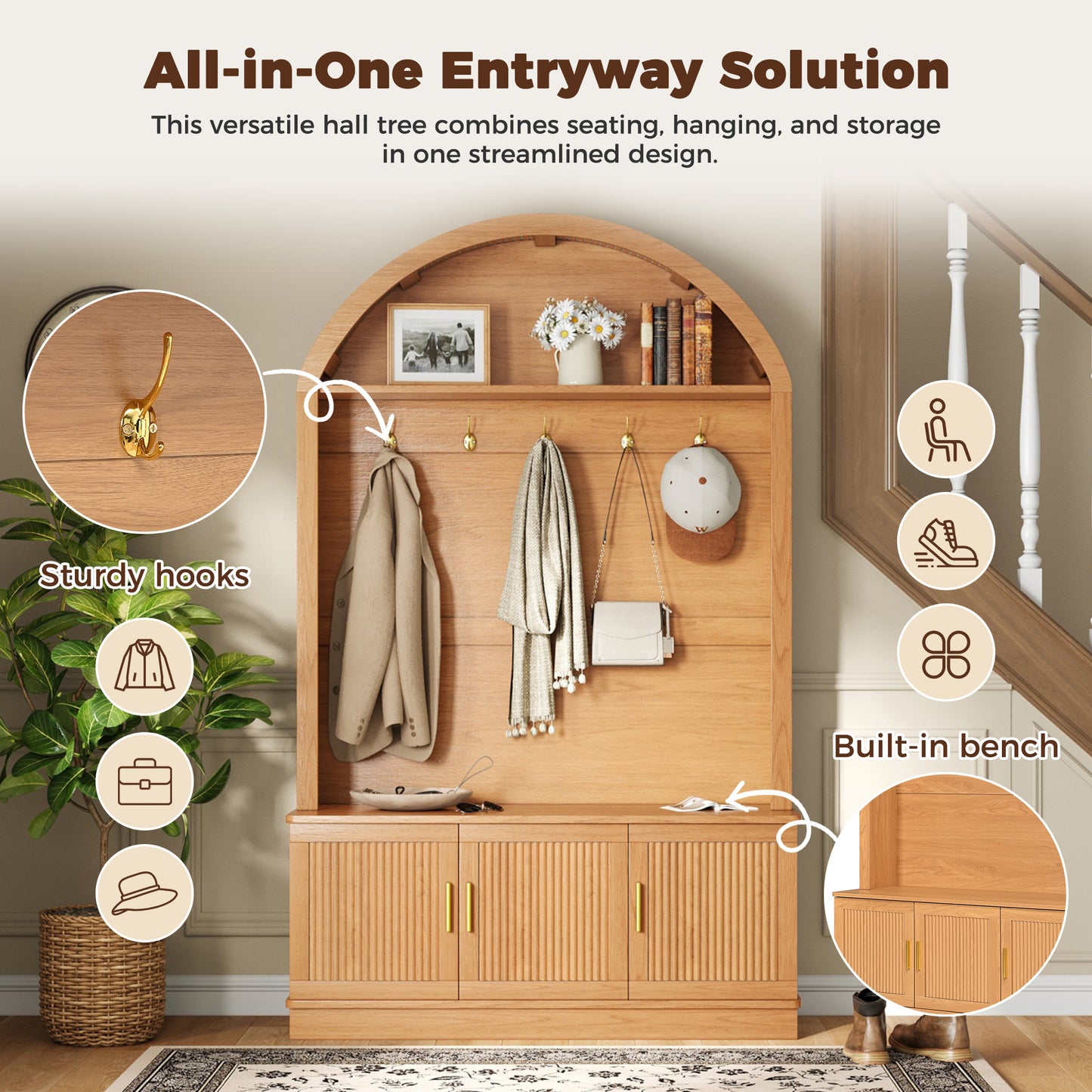 Farmhouse Fabric Arched Top Hall Tree with 5 Metal Hooks, All-in-One Mudroom Furniture with Adjustable Shelves, Mid-Century Fluted Door Entryway Bench with Wood Grain Finish for Hallway, Natural image 4