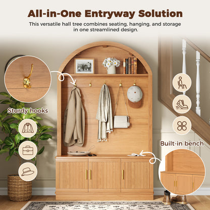 Farmhouse Fabric Arched Top Hall Tree with 5 Metal Hooks, All-in-One Mudroom Furniture with Adjustable Shelves, Mid-Century Fluted Door Entryway Bench with Wood Grain Finish for Hallway, Natural image 4