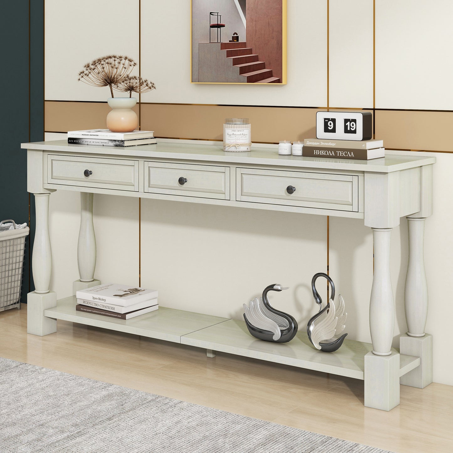 TREXM Console Table 63" Long Console Table with Drawers and Shelf for Entryway, Hallway, Living Room (Antique White, OLD SKU: WF314993AAK) image 1