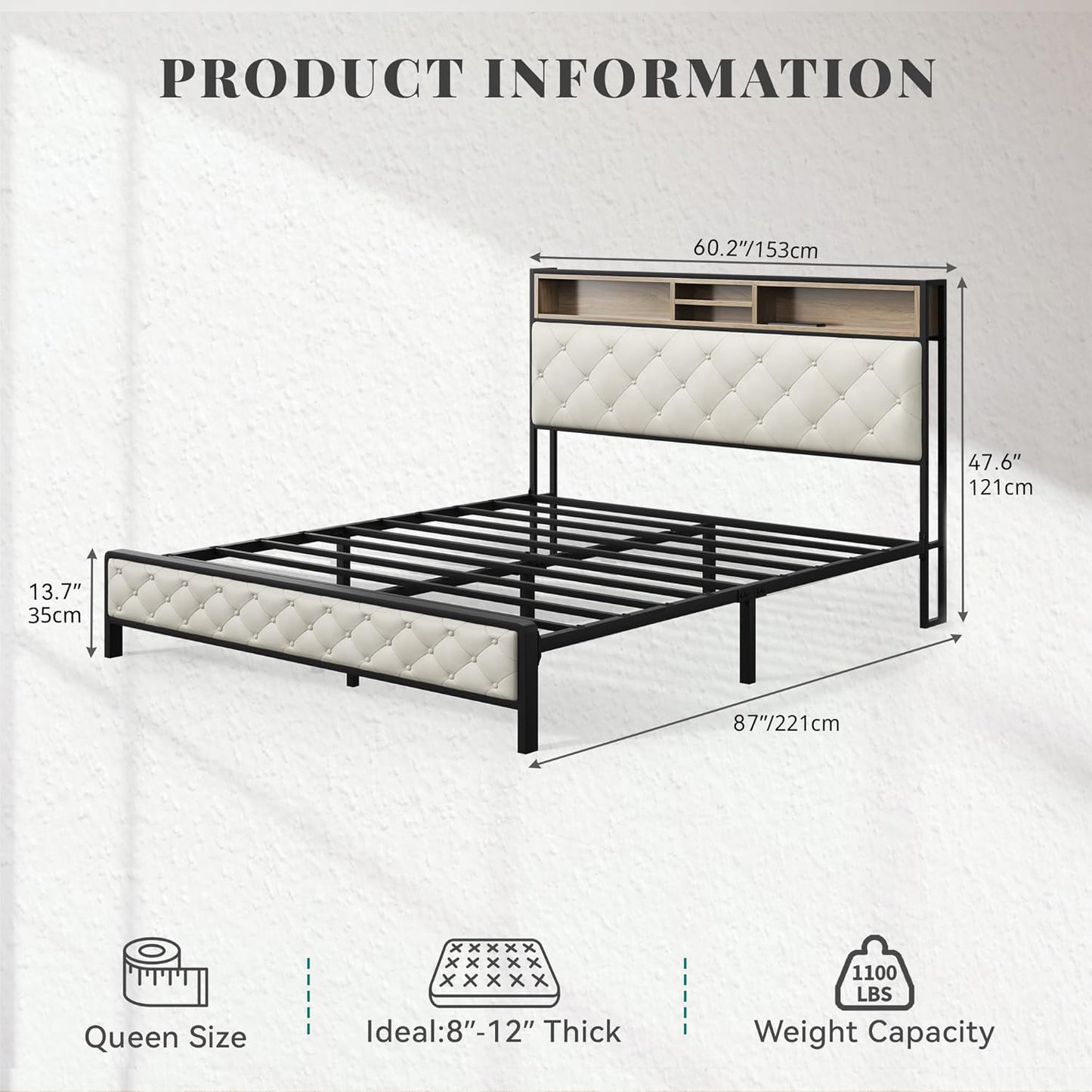 Queen Size Bed Frame, Platform Bed Frame with Charging Station, Upholstered Storage Headboard & Footboard Metal Slats Supports Mattress Foundation, No Box Spring Needed, Beige(No Drawers) image 2