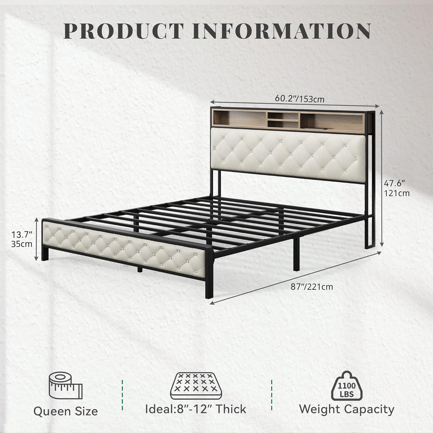 Queen Size Bed Frame, Platform Bed Frame with Charging Station, Upholstered Storage Headboard & Footboard Metal Slats Supports Mattress Foundation, No Box Spring Needed, Beige(No Drawers) image 2