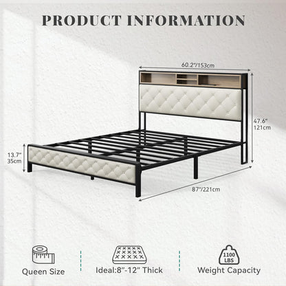 Queen Size Bed Frame, Platform Bed Frame with Charging Station, Upholstered Storage Headboard & Footboard Metal Slats Supports Mattress Foundation, No Box Spring Needed, Beige(No Drawers) image 2