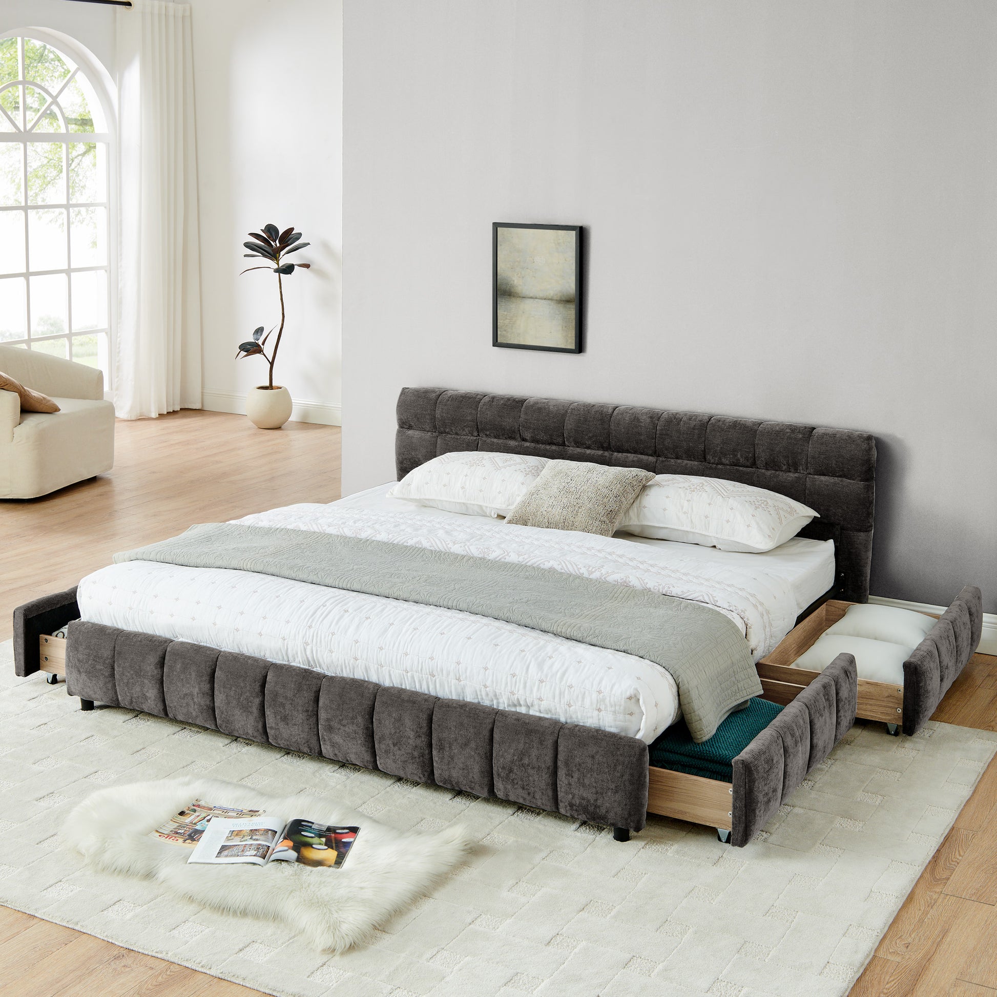 King Size Upholstered Bed,comfortable upholstered bed frame, Chenille fabric, with headboard and solid bed frame. With drawer for storage.-Dark Gray(88.5''*85.5''*31'') image 1