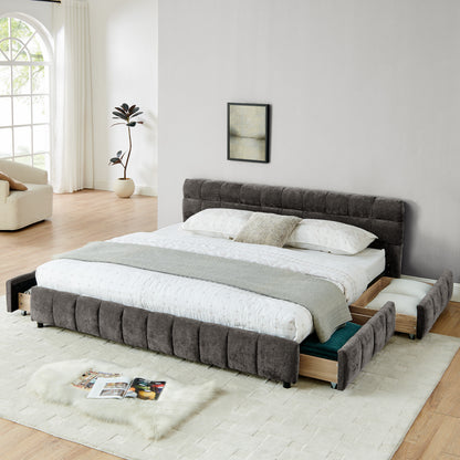 King Size Upholstered Bed,comfortable upholstered bed frame, Chenille fabric, with headboard and solid bed frame. With drawer for storage.-Dark Gray(88.5''*85.5''*31'') image 1