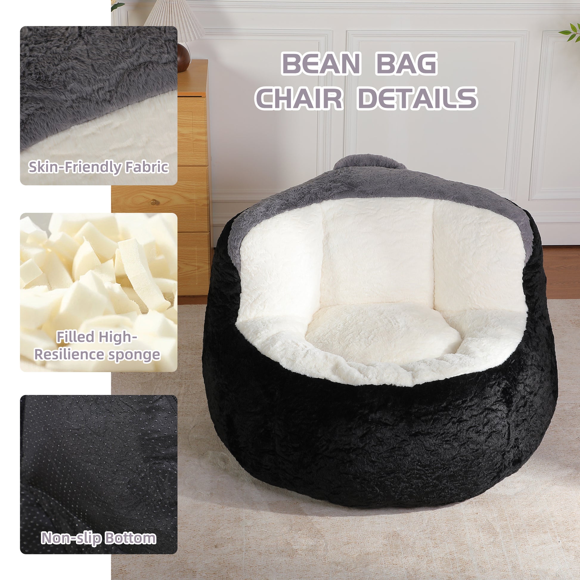 Oversized Bean Bag Chairs,Multicolor Faux Fur Couch Filled with Shredded Sponge,Large Lounger Sofa For Living Room,No Assembly Required, Black+White+Grey image 5
