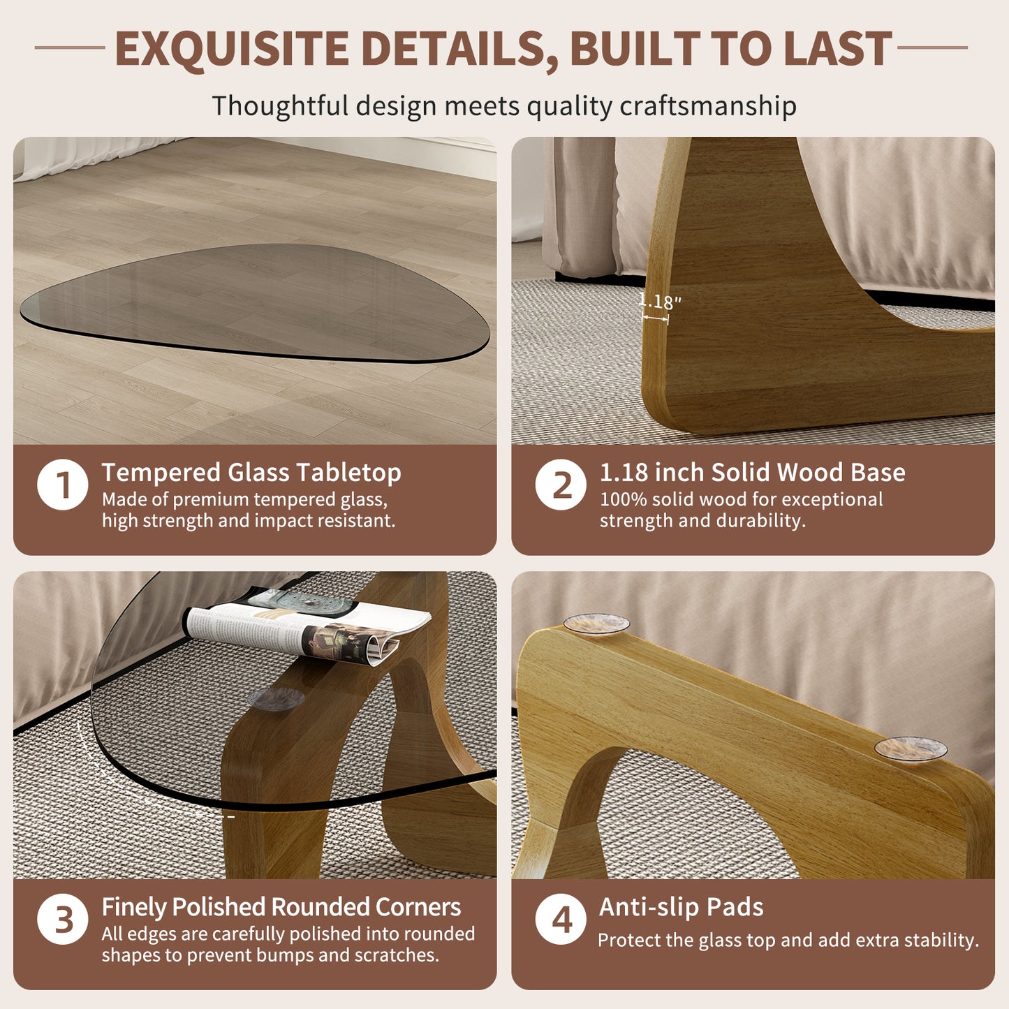 Modern Glass Coffee Table, 32.3" x 23" x 16" Mid Century Modern Coffee Table, Sleek Coffee Tables, Suitable for Bedroom Living Room Reception Office Tables,Walnut image 3