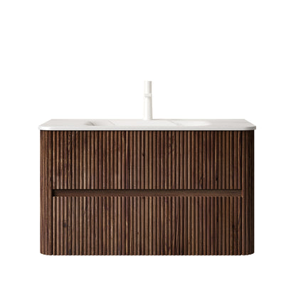 NOOR 36" Bathroom Vanity&Sink, Floating Stripe Plywood Storage Cabinet with 2 Drawers, Carrara White Sintered Stone Hot-bent Integrated Rectangle Basin, Pre-assembled, Retro Walnut Woodgrain Color image 3