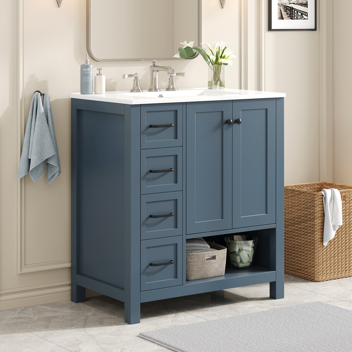 30" Bathroom Vanity with Sink Top, Bathroom Vanity Cabinet with Two Doors and Two Drawers, Solid Wood, Open shelf, MDF Boards, One Package, Blue Gray image 4