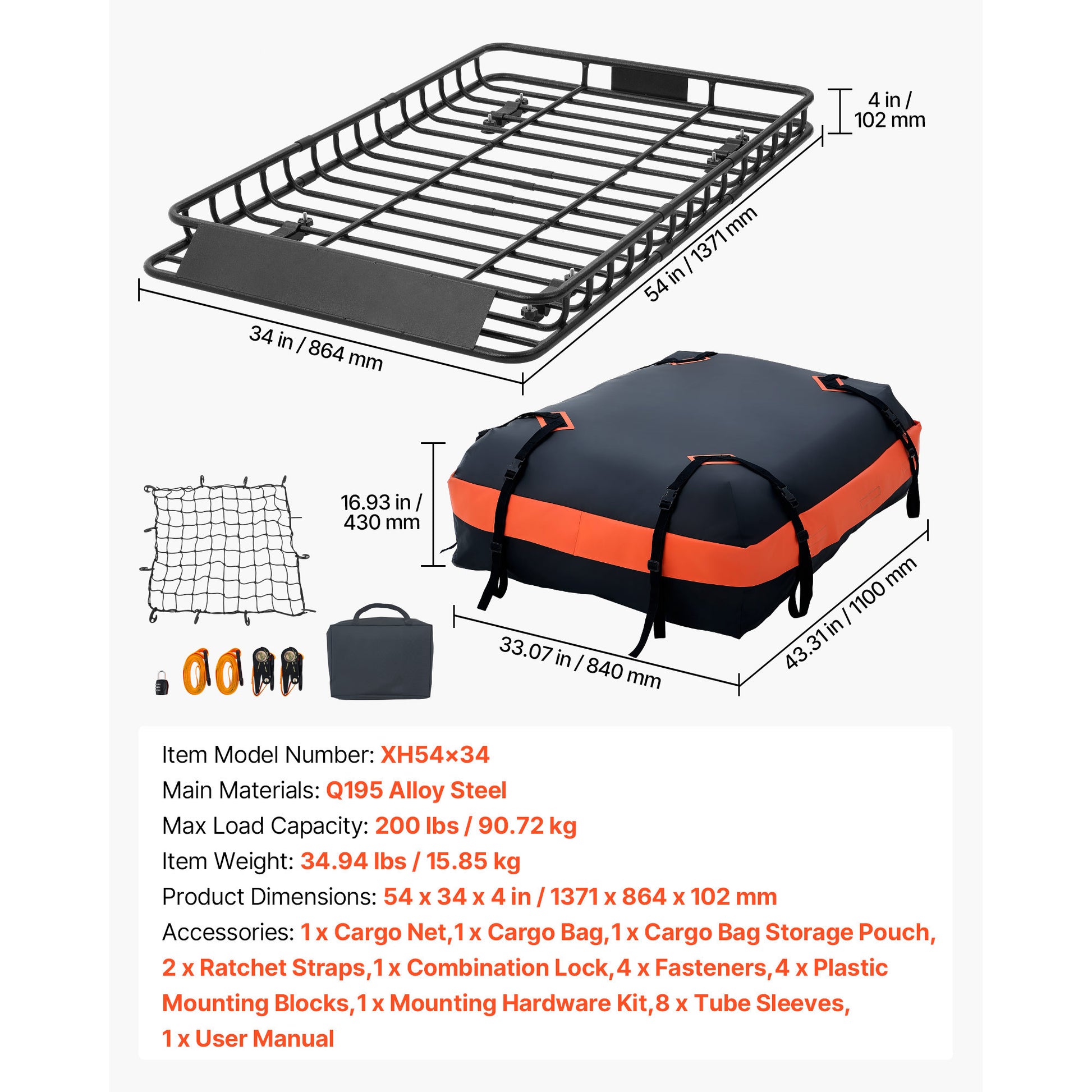 Roof Rack Cargo Basket, 54 x 34 x 4 in, Heavy Duty Roof Top Carrier Basket with Waterproof Bag, Cargo Net, Ratchet Straps, 200 lbs Capacity, Universal Car Top Luggage Holder, for SUV Truck Car image 8