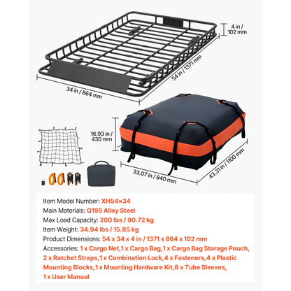 Roof Rack Cargo Basket, 54 x 34 x 4 in, Heavy Duty Roof Top Carrier Basket with Waterproof Bag, Cargo Net, Ratchet Straps, 200 lbs Capacity, Universal Car Top Luggage Holder, for SUV Truck Car image 8