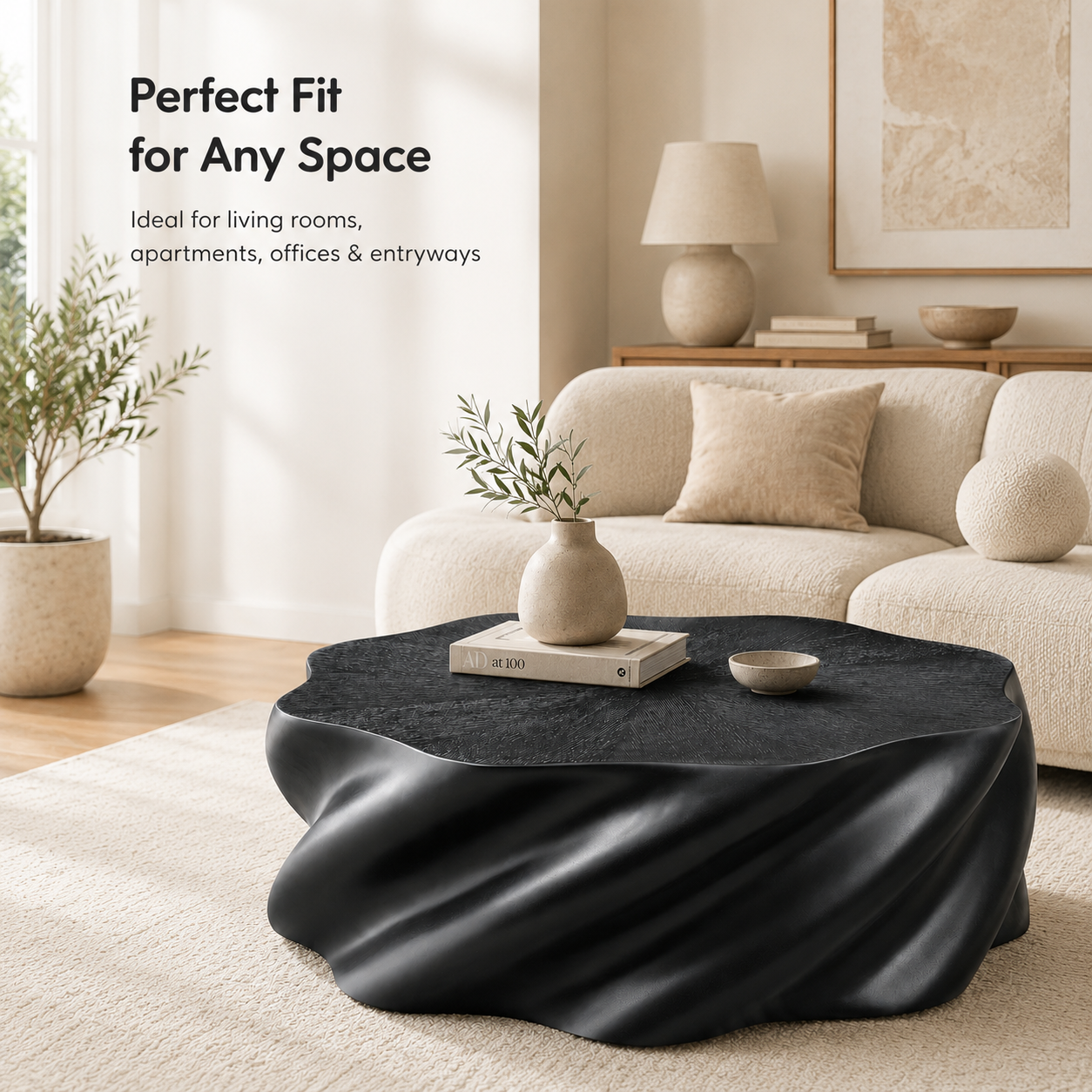 35" Fully Assembled Petal Coffee Table – Sculptural Matte Black Fiberglass, Modern Organic Design, No Assembly, Multi-Scene Center Table image 7
