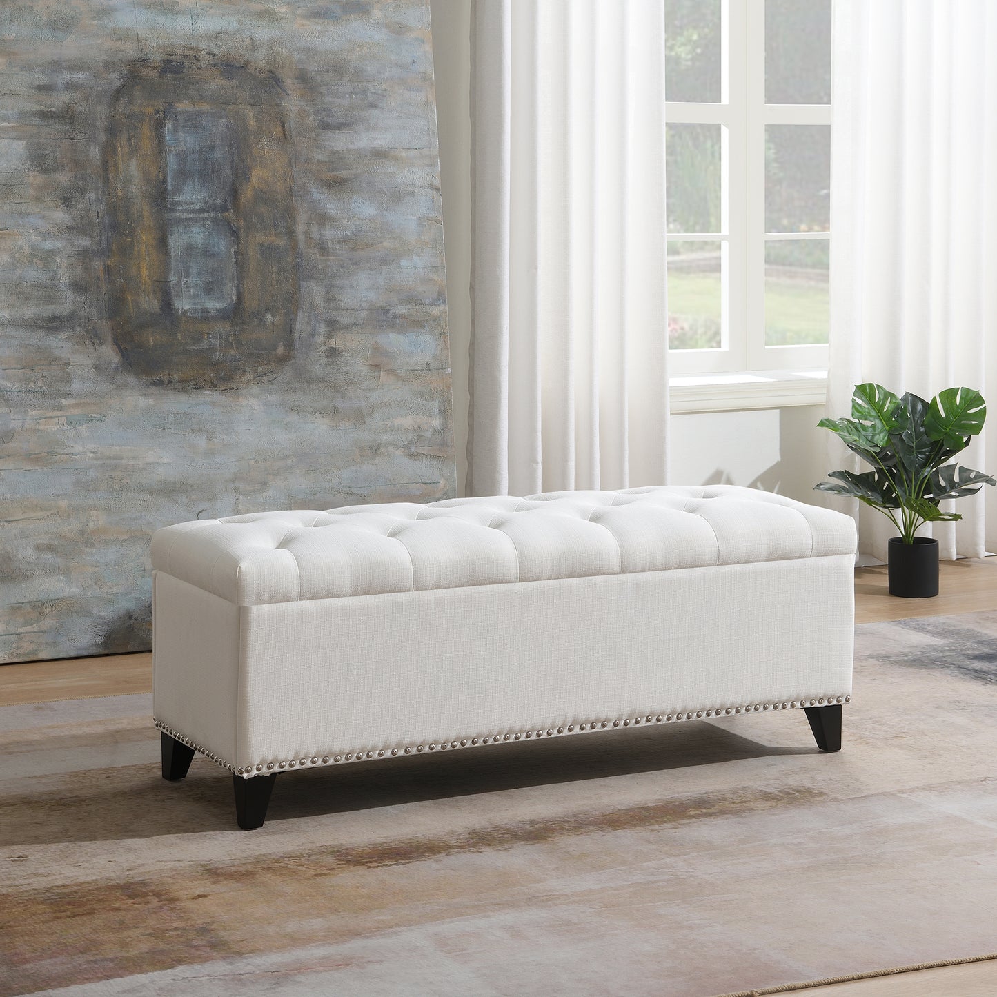 47.5" Storage Ottoman, Storage Bench with Safety Close Hinge, Linen Button-Tufted Ottoman for Living Room, Entryway, Hallway, Foot Rest, Support 500lbs - Beige image 3