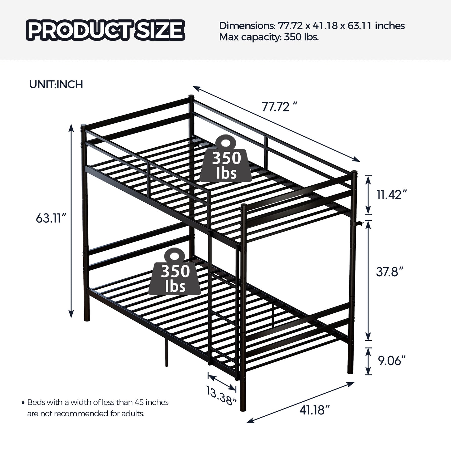 Bunk Bed with Ladder and high Guardrail Metal Bunk Bed, Storage Space, Noise Free,Twin Over Twin Size,BLACK image 2