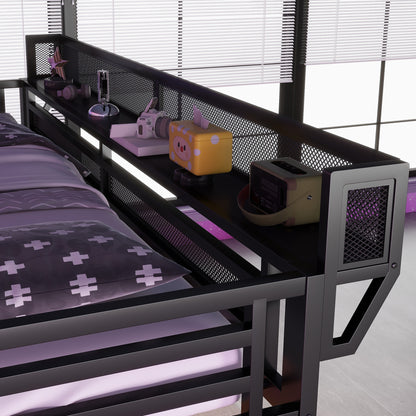 Queen Loft Bed with Desk and Charging Station, Queen Size Metal Loft Bed with Stairs and Light for Kids Teens, Black (Expect Arrival Date 2026/3/25) image 5