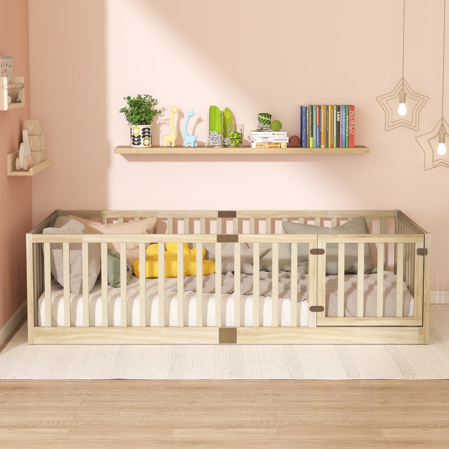 Twin Size Floor Bed with High Fence Railings, with Door, Rubber Wood Floor Bed with Safety Guardrails,Natural image 3