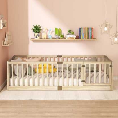 Twin Size Floor Bed with High Fence Railings, with Door, Rubber Wood Floor Bed with Safety Guardrails,Natural image 3